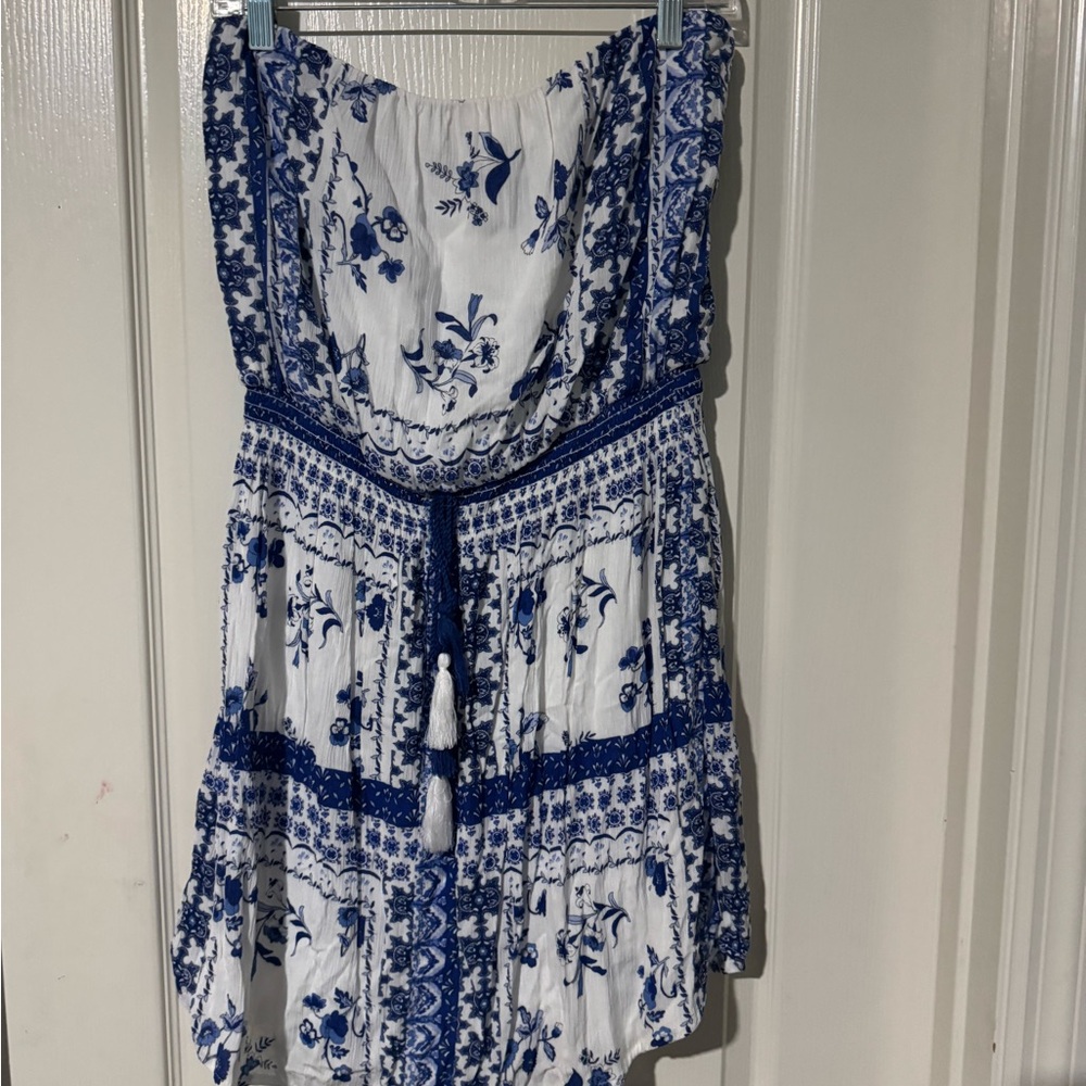 Xhilaration Blue and White Strapless Dress